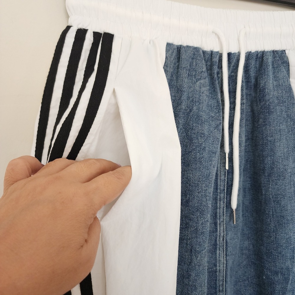 Denim and Track Stripe Mixed Media Maxi Skirt Blue White Sporty Streetwear - Picture 5 of 6